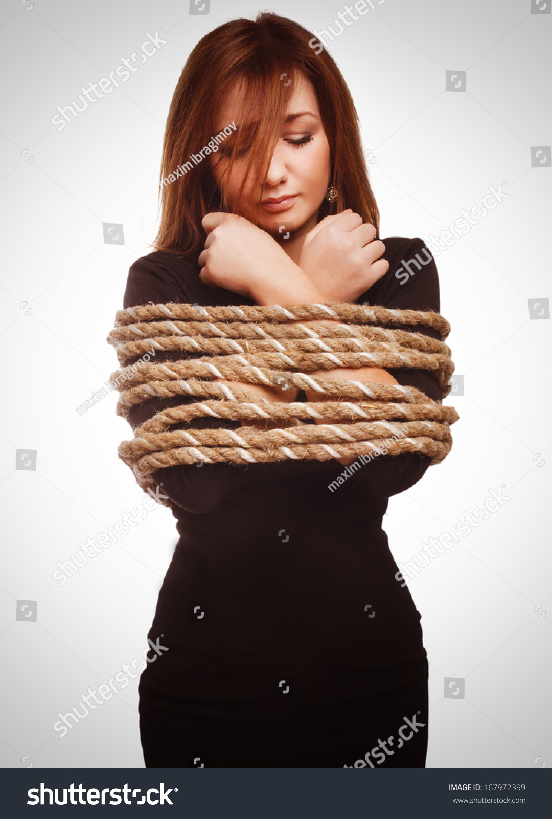 Brunette Hostage Captive Woman Bound Rope Stock Photo