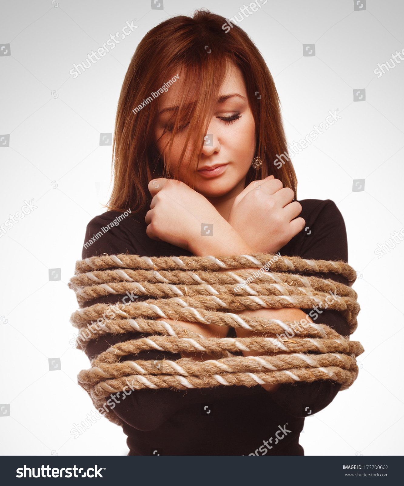 Brunette Hostage Captive Woman Bound Rope Stock Photo Edit Now