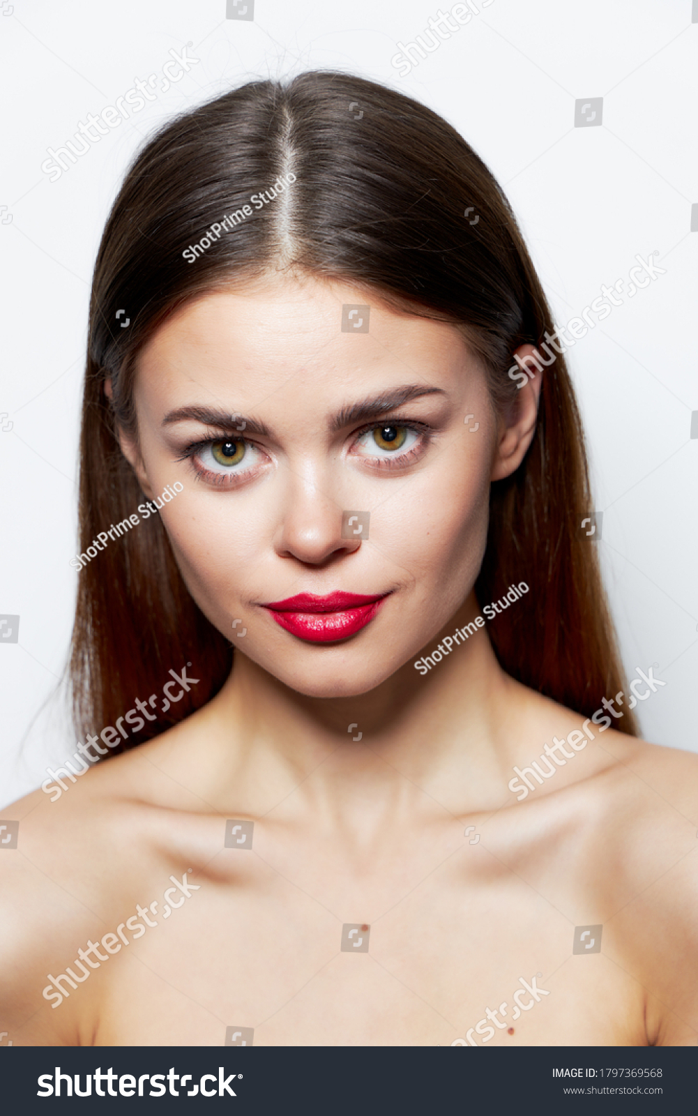 Brunette Nude Shoulders Attractive Look Red Stock Photo