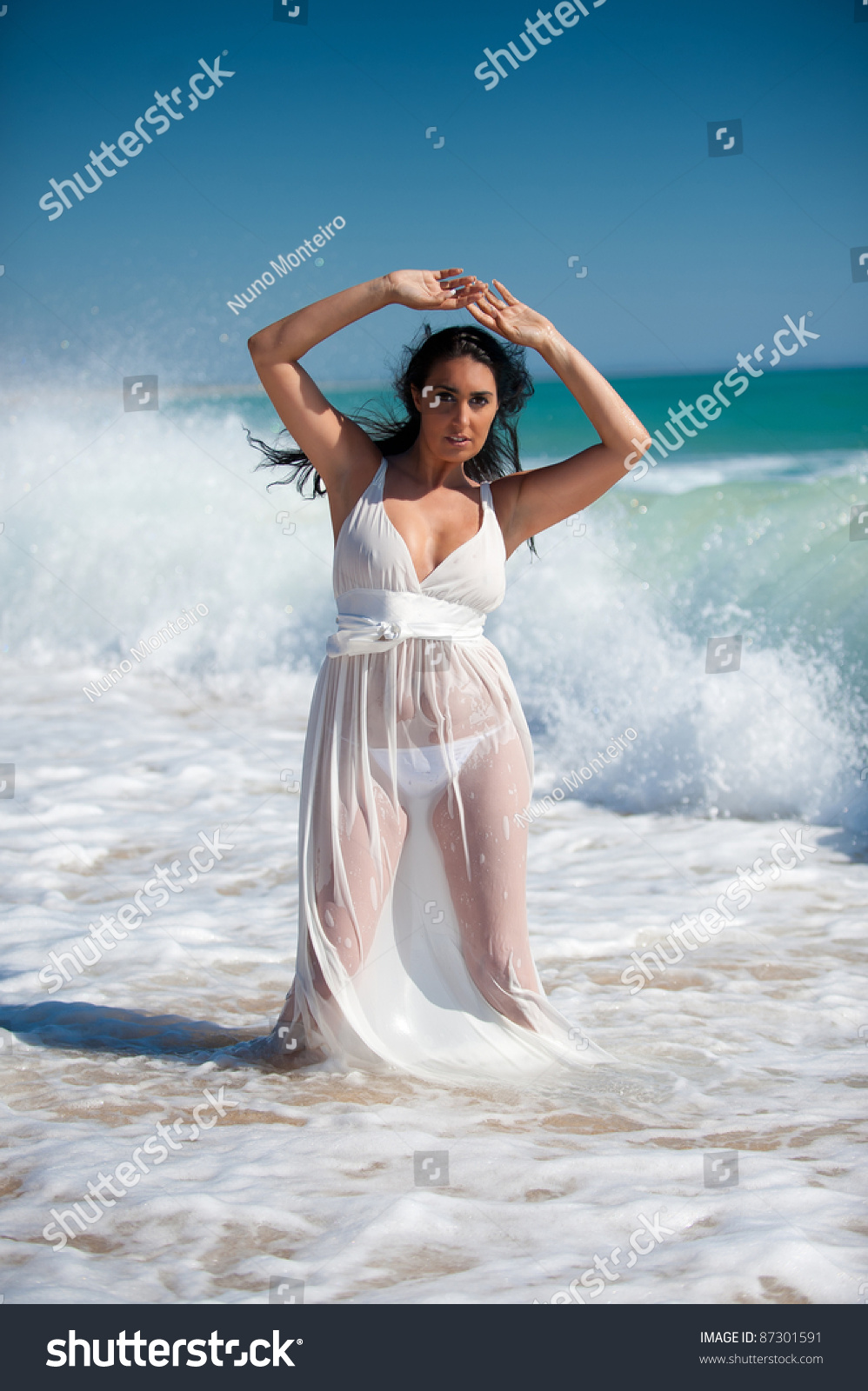 Brunette Woman White Transparent Wet Dress Stock Photo 87301591