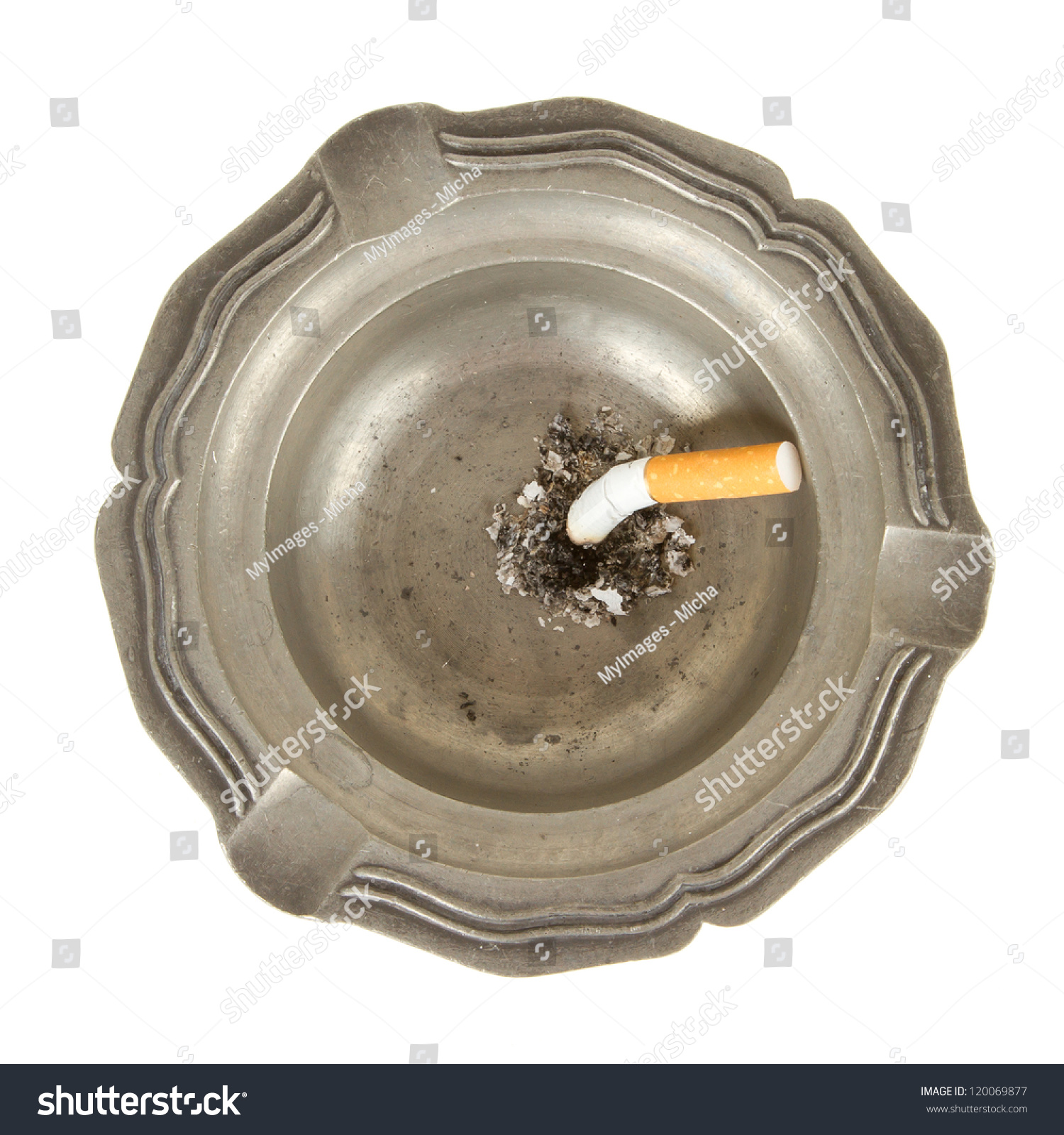 Burning Cigarette In An Tin Ashtray Burning Cigarette Tin Ashtray Isolated Stock Photo