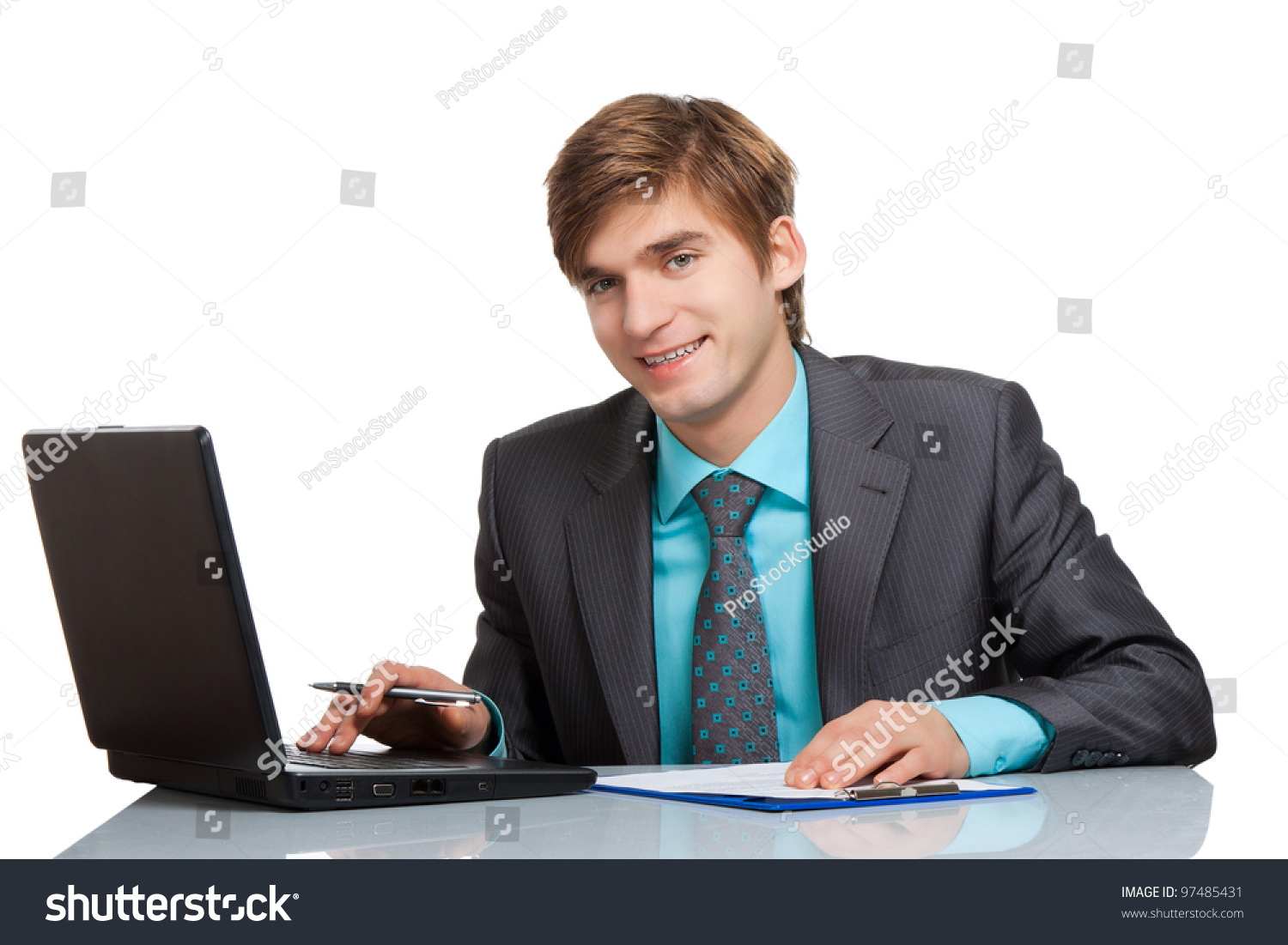 Businessman Working On Laptop, Using Computer, Handsome Young Business