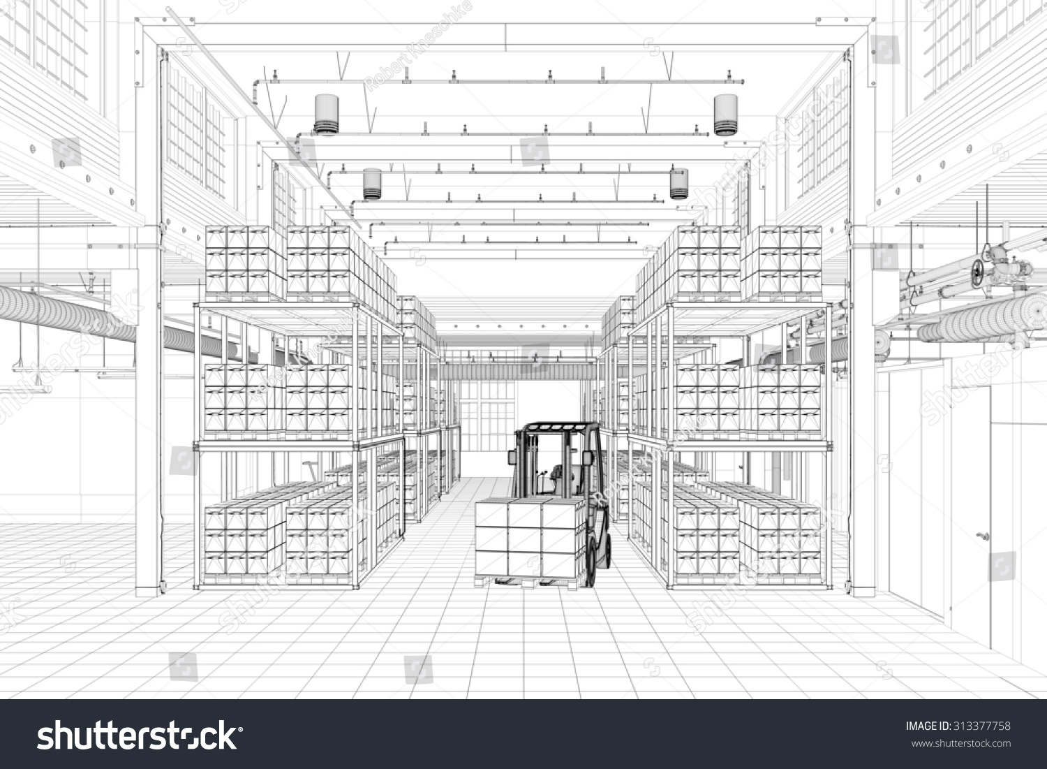CAD wireframe mesh of a warehouse with forklift 3D Rendering CAD wireframe mesh of a warehouse with forklift 3D Rendering