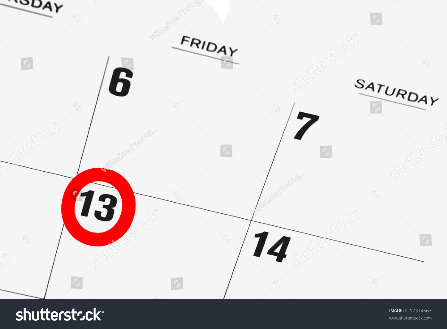 Calendar With Friday The Thirteenth Circled In Red Stock Photo 17374663
