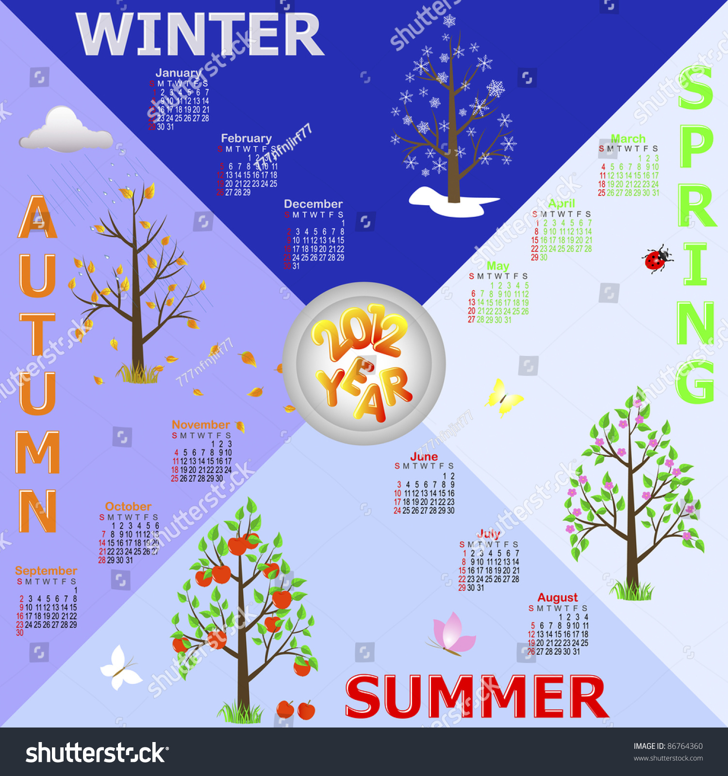 Calendar 2012 Treesfour Seasons American Style Stock Illustration