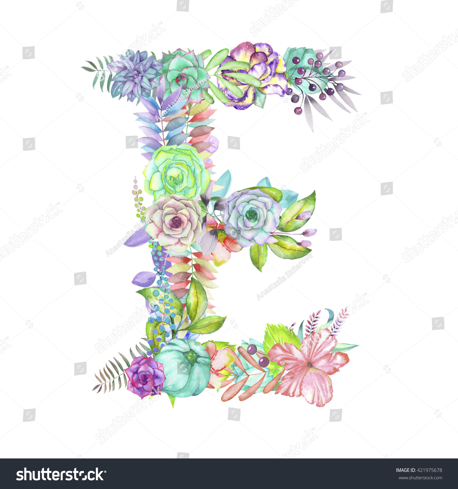 Capital Letter E Watercolor Flowers Isolated Stock Illustration