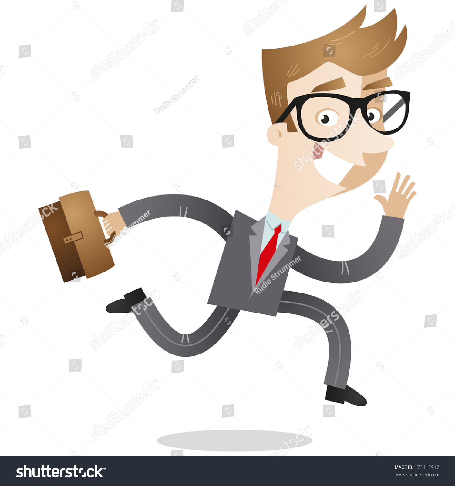 Cartoon Character: Smiling Businessman With Briefcase Running To Work 