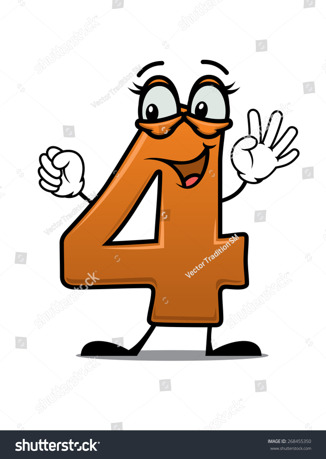 Cartoon Illustration Of An Excited Happy Number 4 Waving Its Arms And 