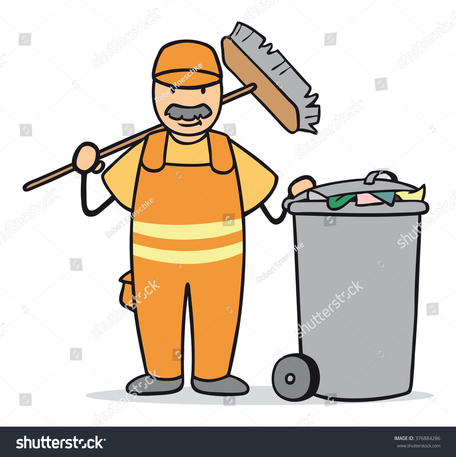 Cartoon Man Working At Garbage Disposal With Broom And Trashcan Stock 