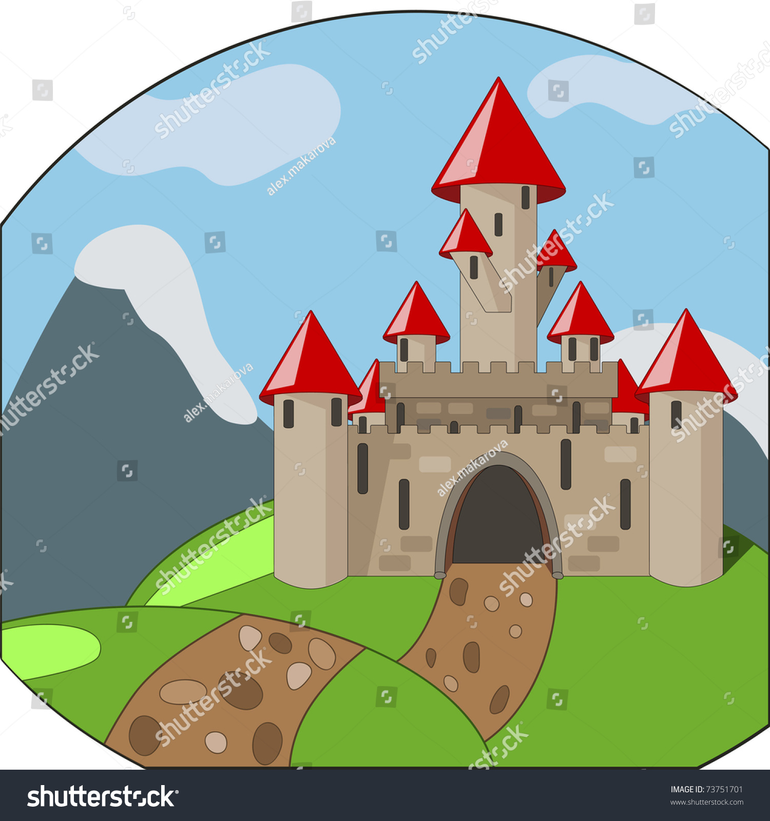 Cartoon Medieval Castle On Background With Mountains Stock Photo ...