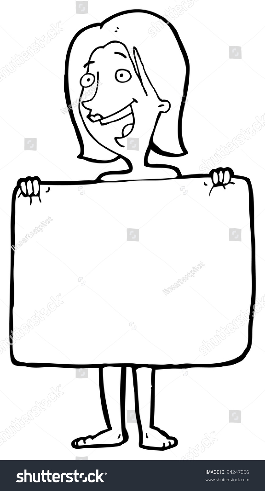 Cartoon Naked Woman Hiding Behind Towel Raster Version Stock Photo