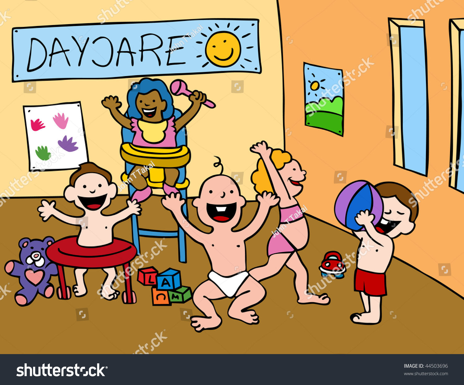 Cartoon Of Babies Playing In A Daycare Center Setting. Stock Photo