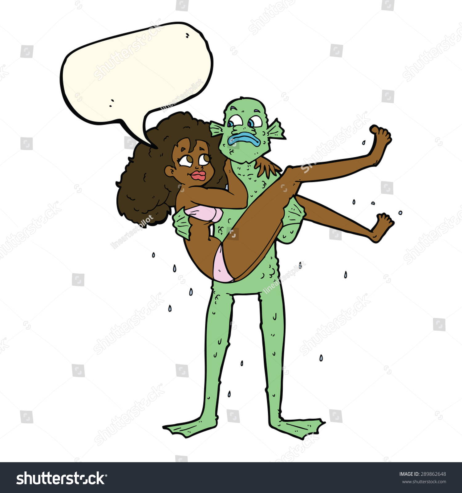 Cartoon Swamp Monster Carrying Woman Bikini Stock Illustration