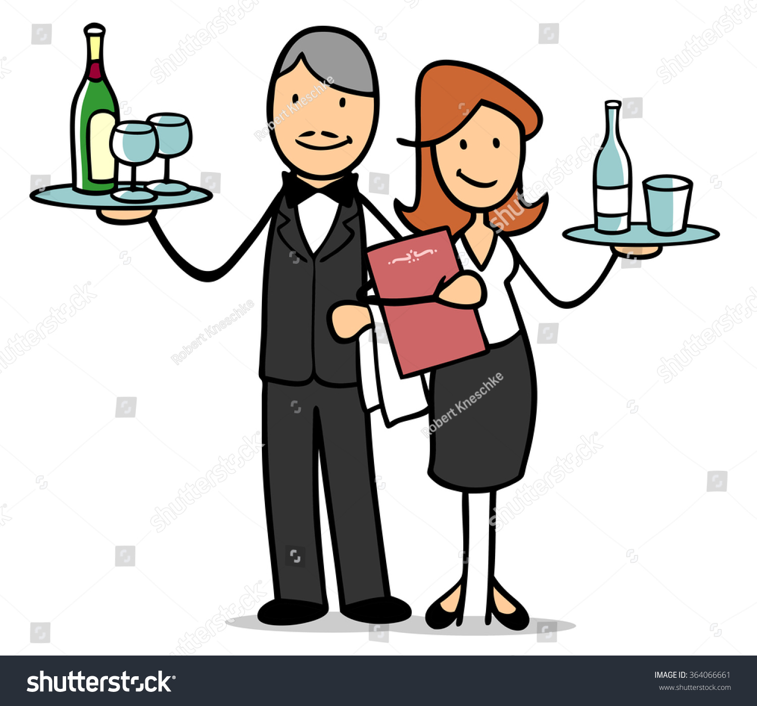 Cartoon Waiter Waitress Restaurant Bringing Wine Stock Illustration