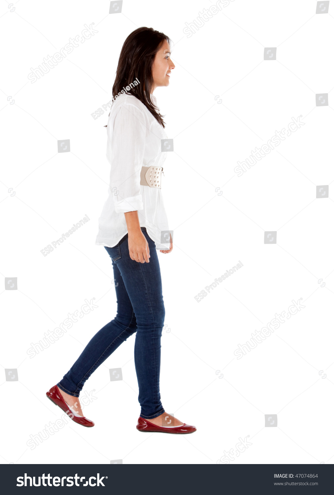 Casual Girl Walking Isolated Over A White Background - Side View Stock 