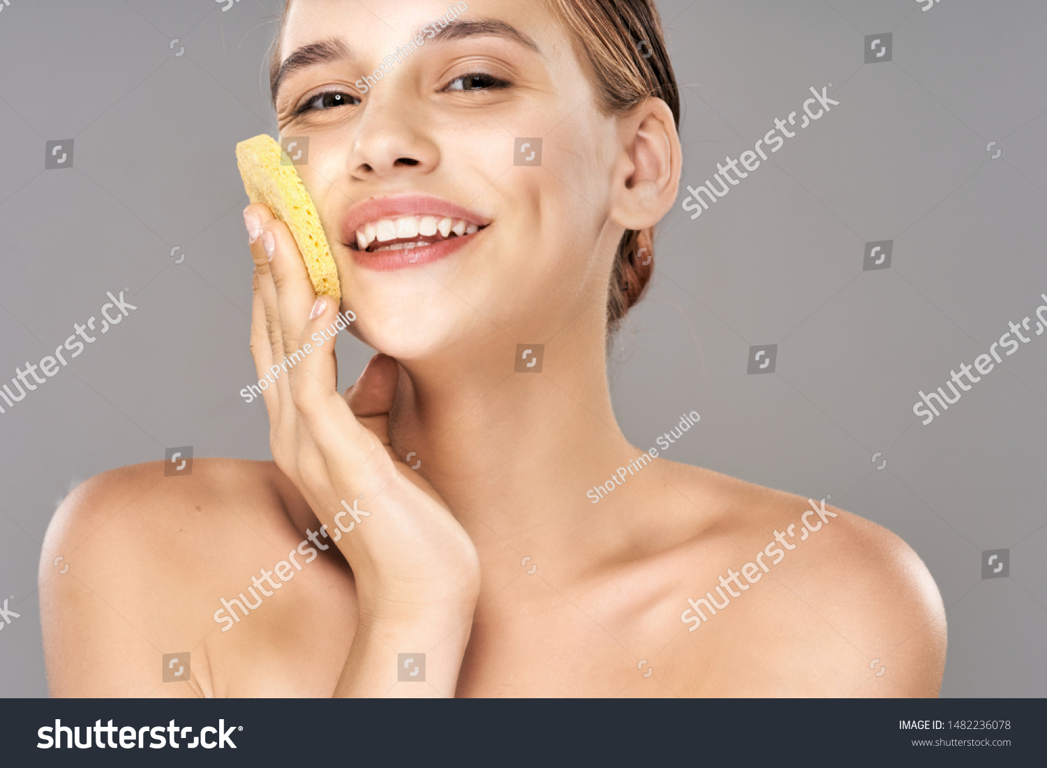 Cheerful Beautiful Woman Naked Shoulders Cosmetics Stock Photo
