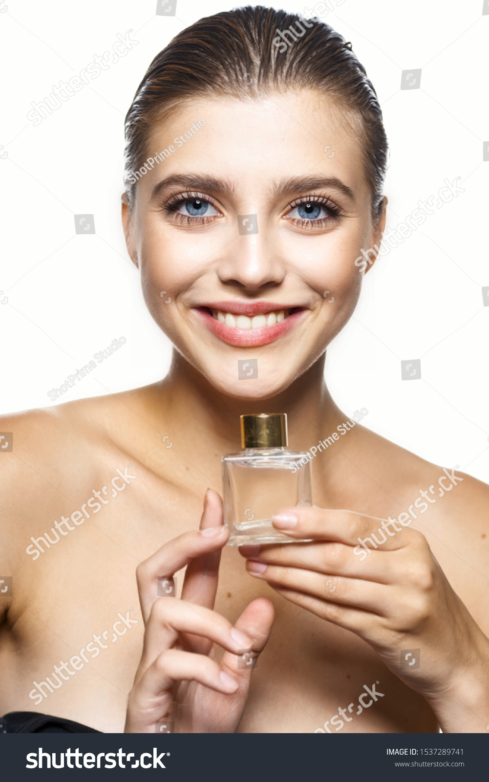 Cheerful Beautiful Woman Naked Shoulders Perfume Stock Photo Edit Now