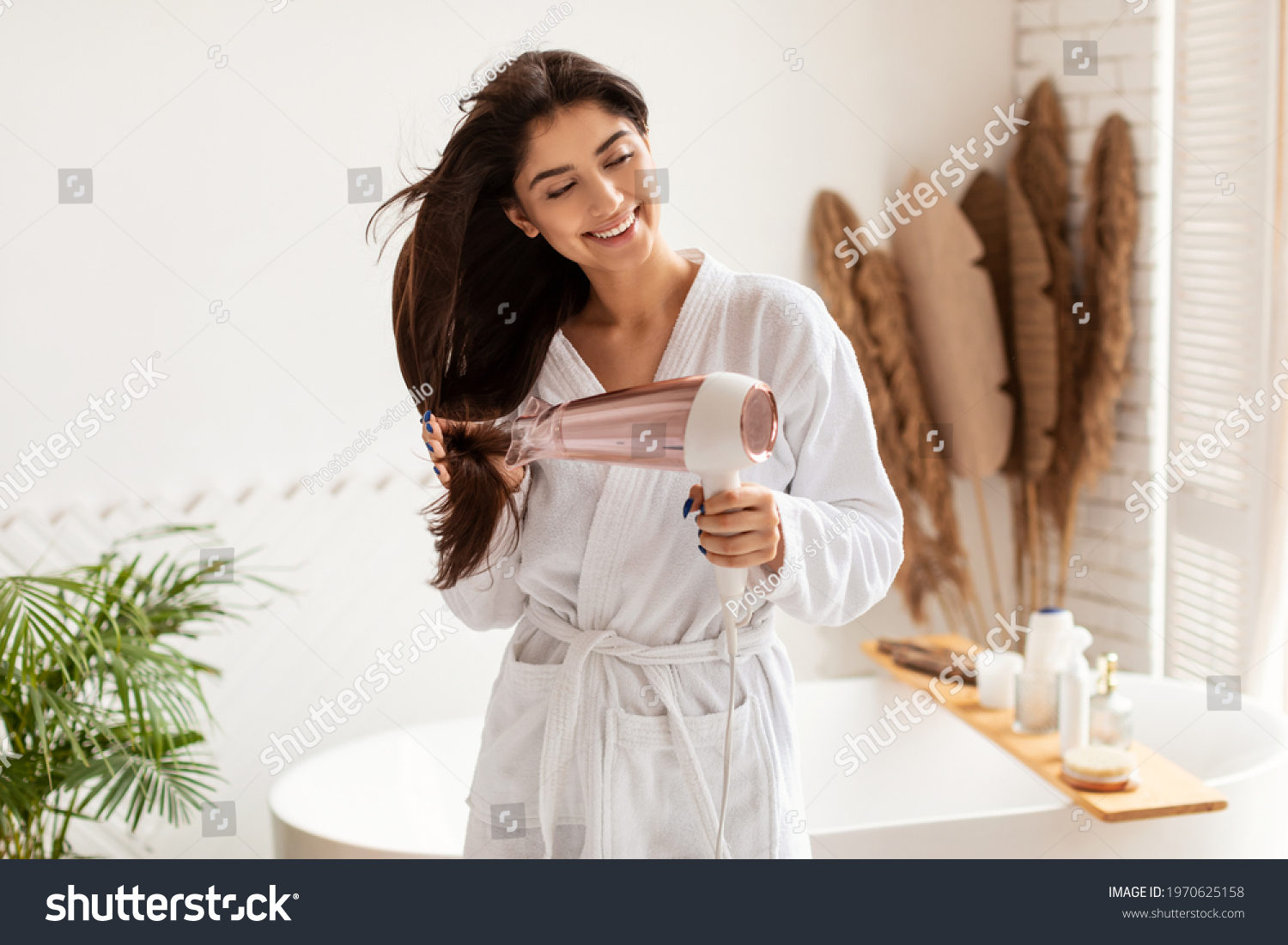 Cheerful Brunette Lady Drying Hair Blowdryer Stock Photo 1970625158