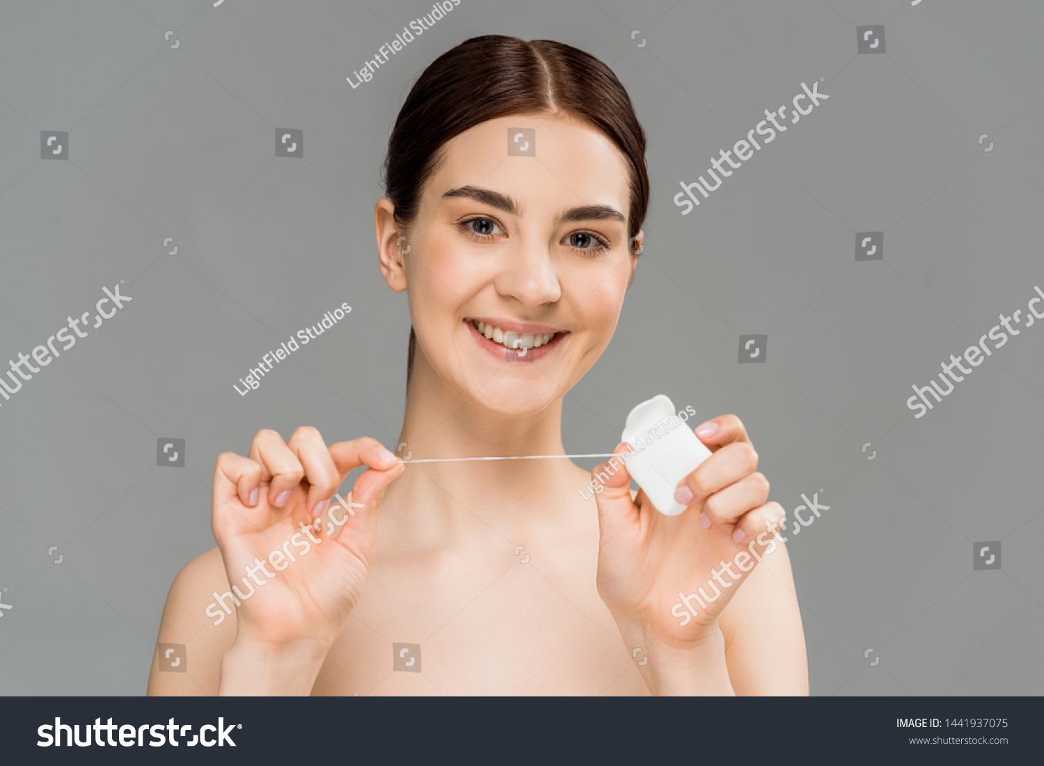 Cheerful Naked Woman Holding Dental Floss Stock Photo Shutterstock