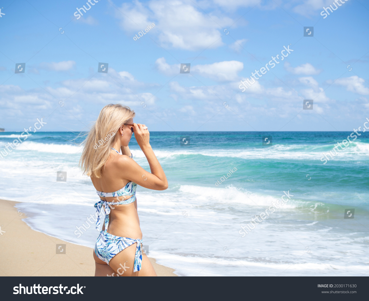 Cheerful Tanned Woman Bikini On Beach Stock Photo Shutterstock