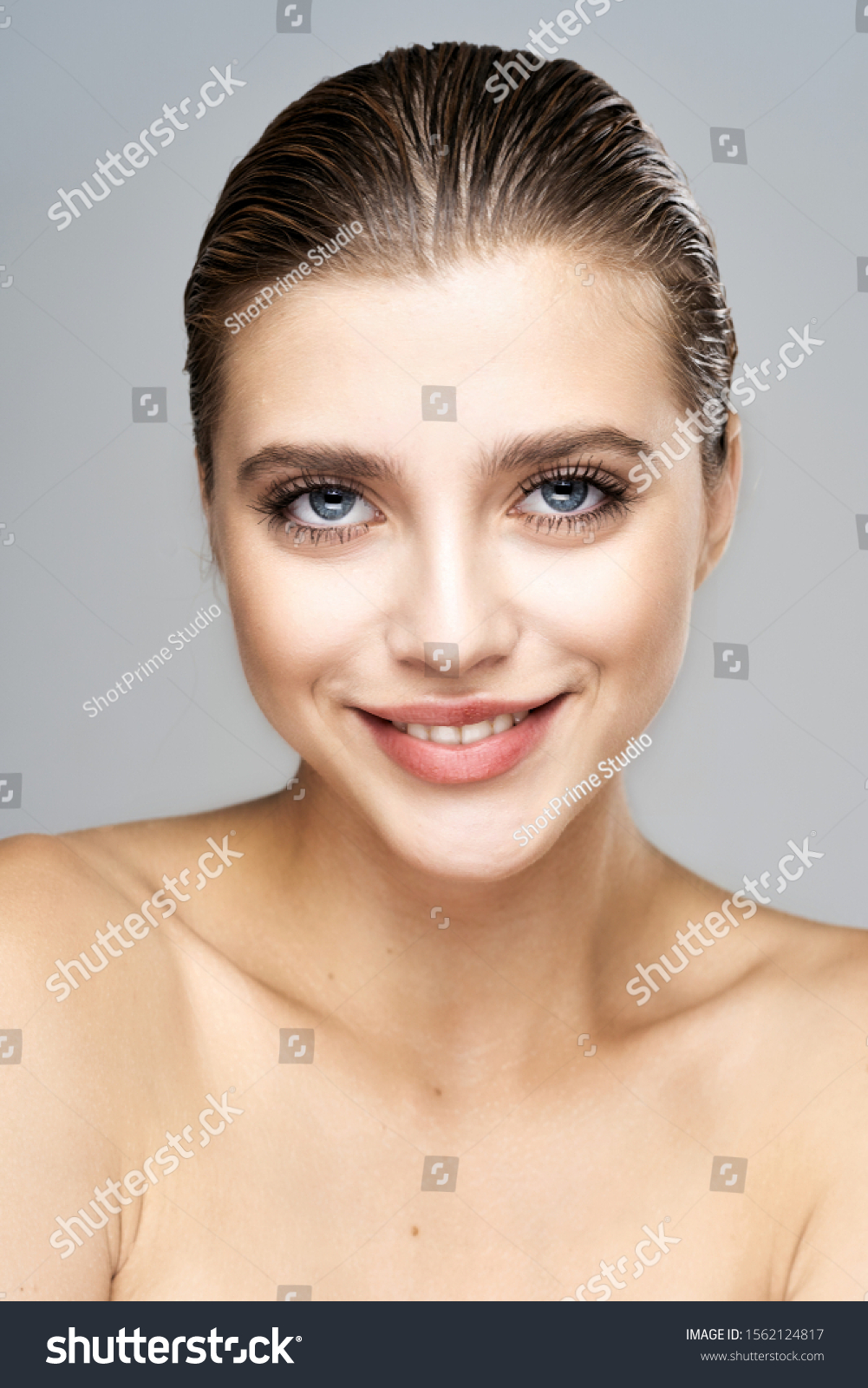 Cheerful Woman Naked Shoulders Smile Gray Stock Photo