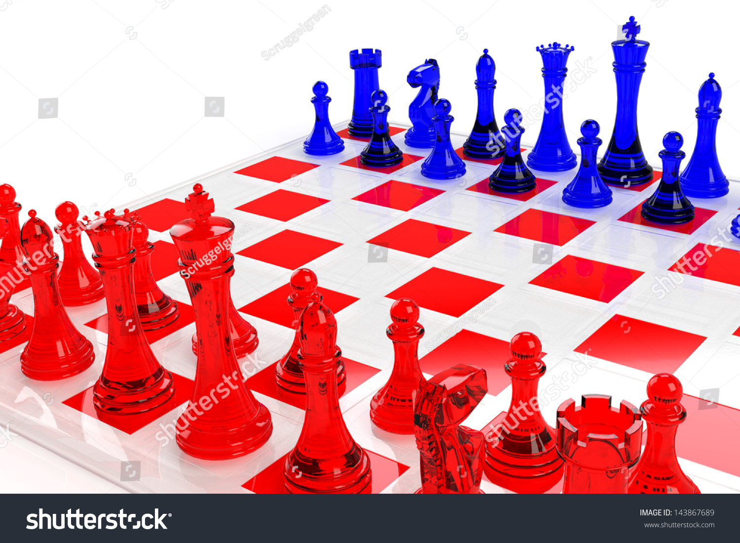 Chess Board Illustration With Red And Blue Glass Pieces 143867689