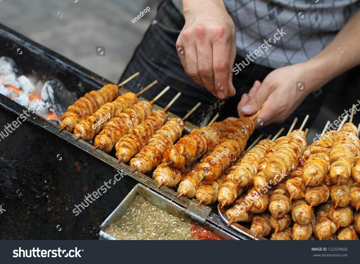 Chinese Street Food Vendor Seasoning Tofu Kebabs Stock Photo 122329666