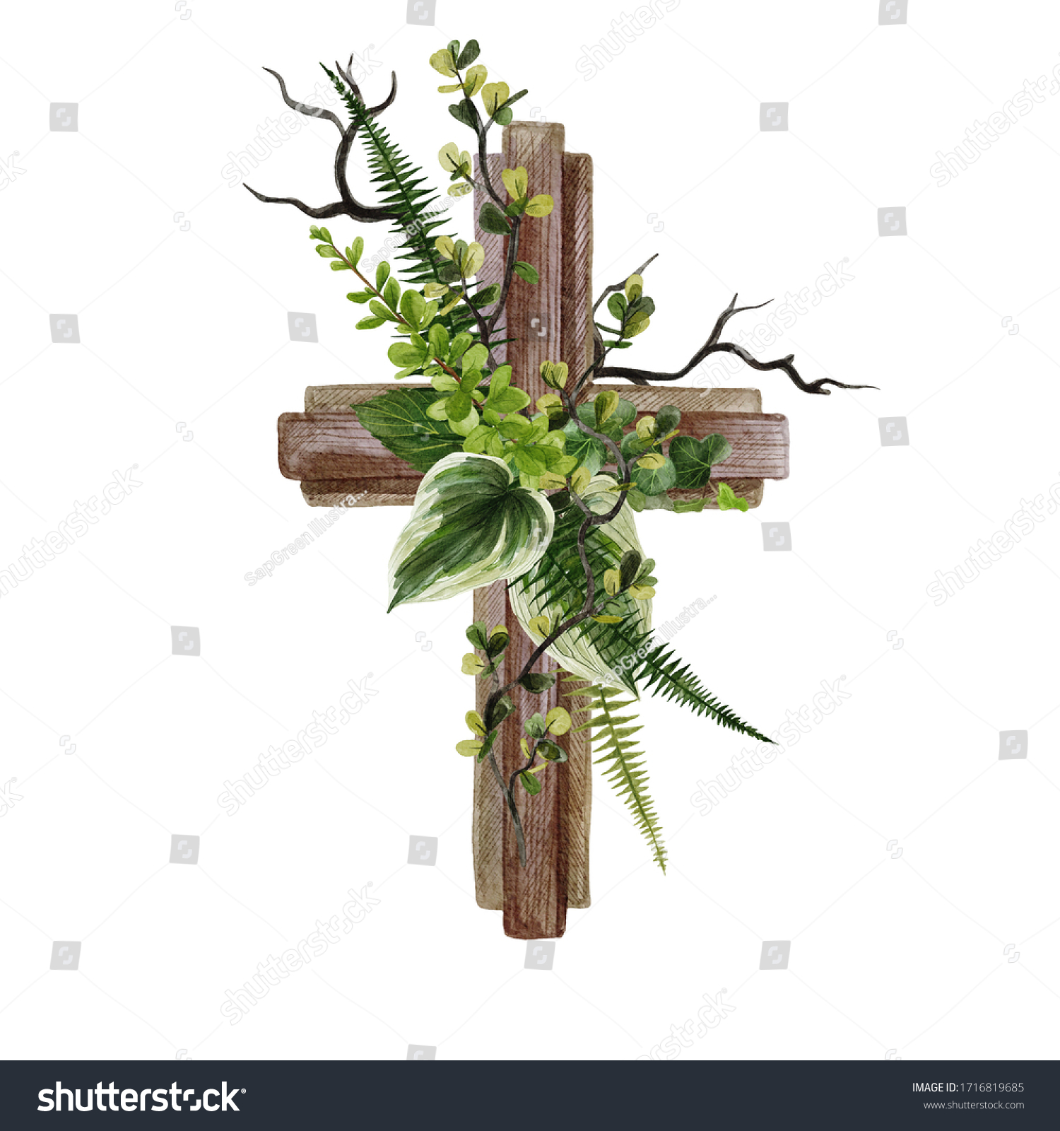 Christian Wooden Cross Decorated Ferns Leaves Stock Illustration