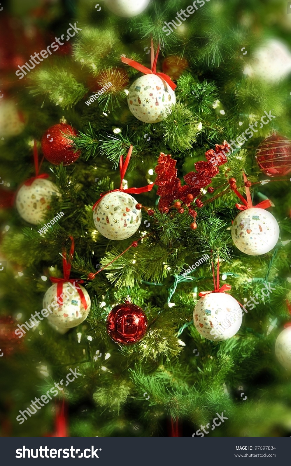 Christmas Background - Christmas Tree Ornaments Vertical Background With Blurred Edges. Seasonal