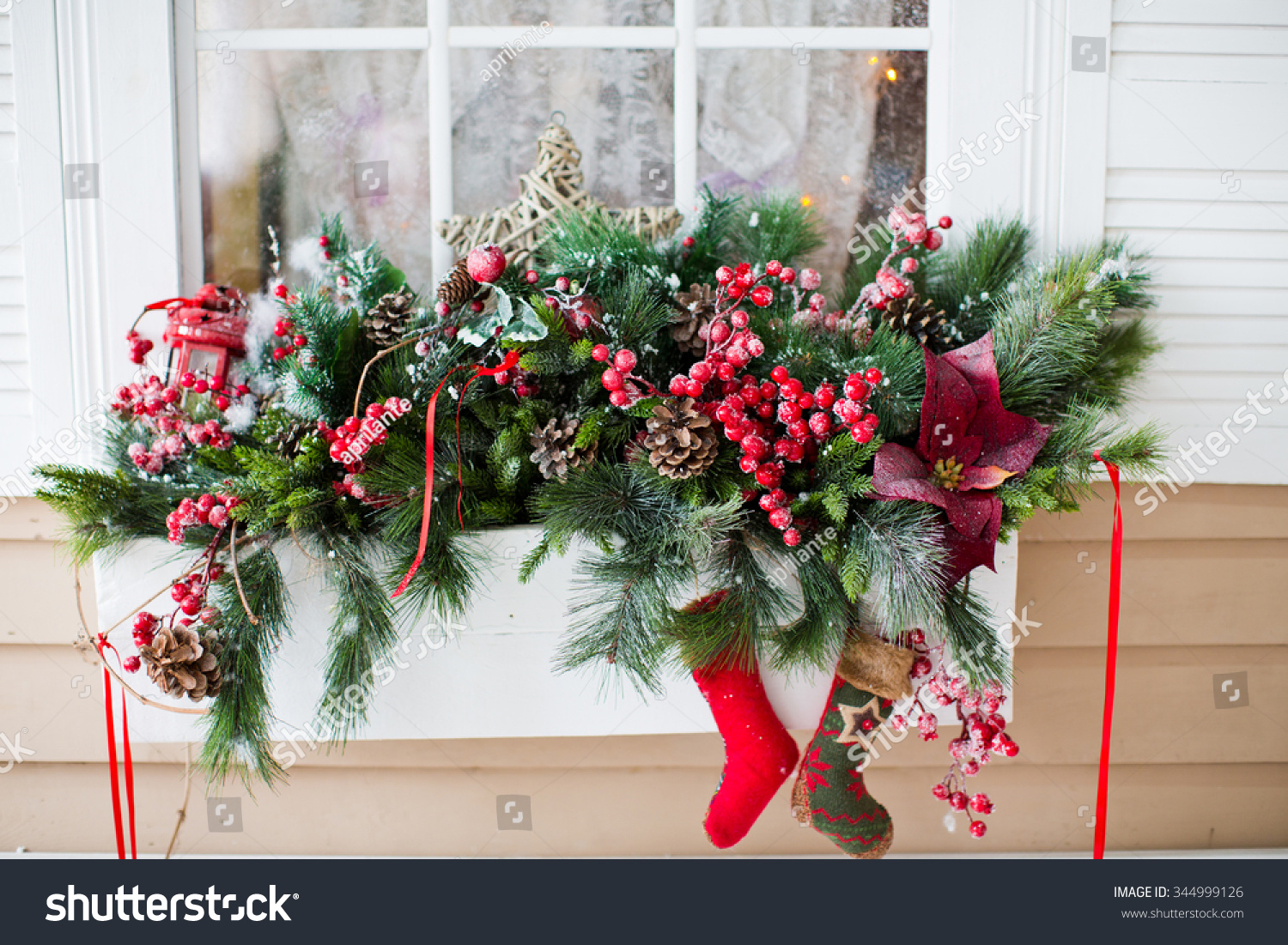 Christmas Decorations On Window Sill Stock Photo 344999126  Shutterstock