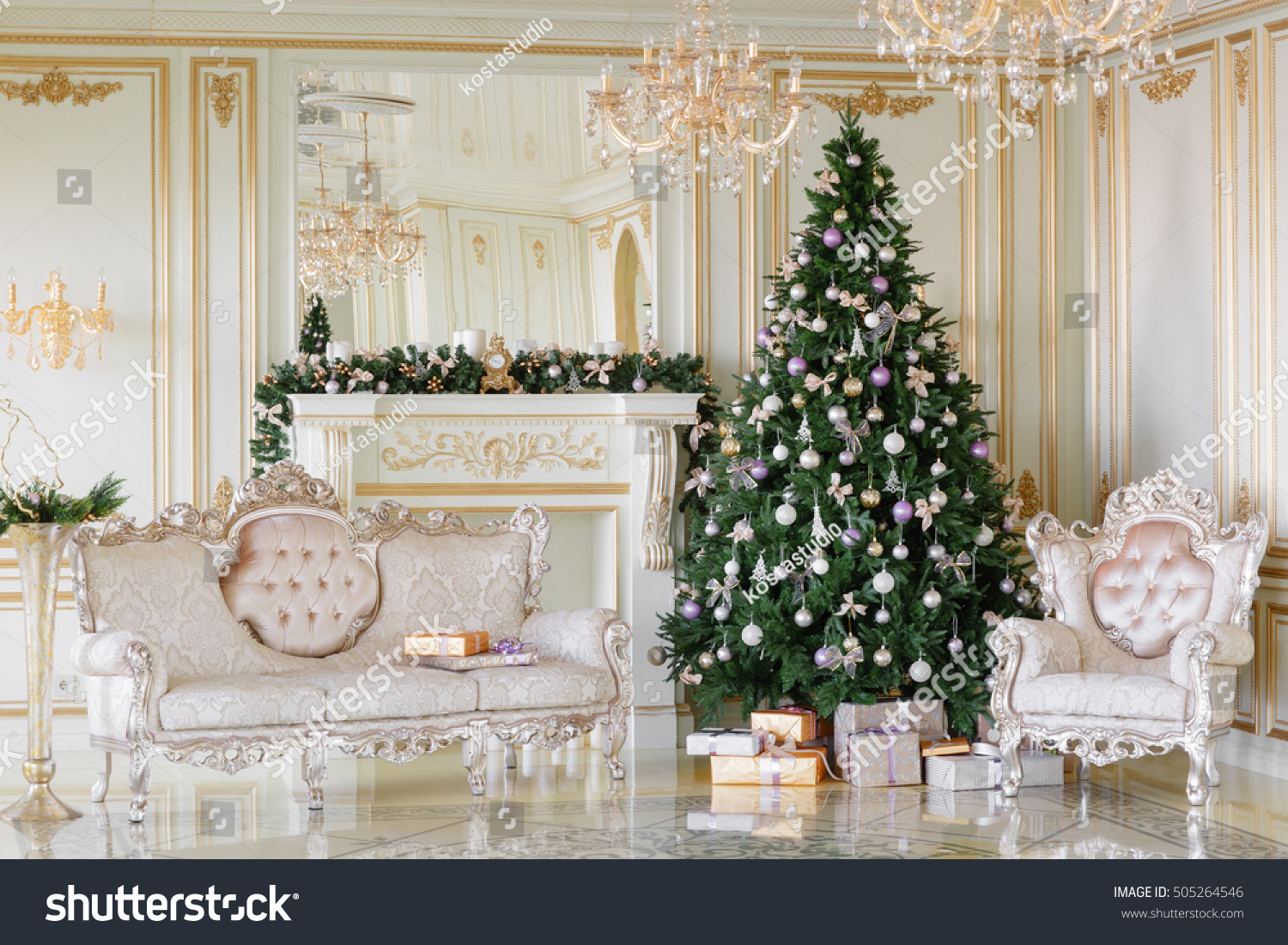 Christmas morning classic apartments with a white fireplace decorated tree bright sofa large windows Christmas morning classic apartments with a white fireplace decorated tree bright sofa large windows