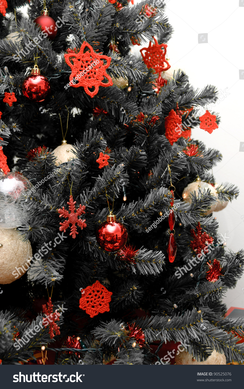 Christmas Tree In Black And White With Red Decorations Stock Photo 90525076 : Shutterstock