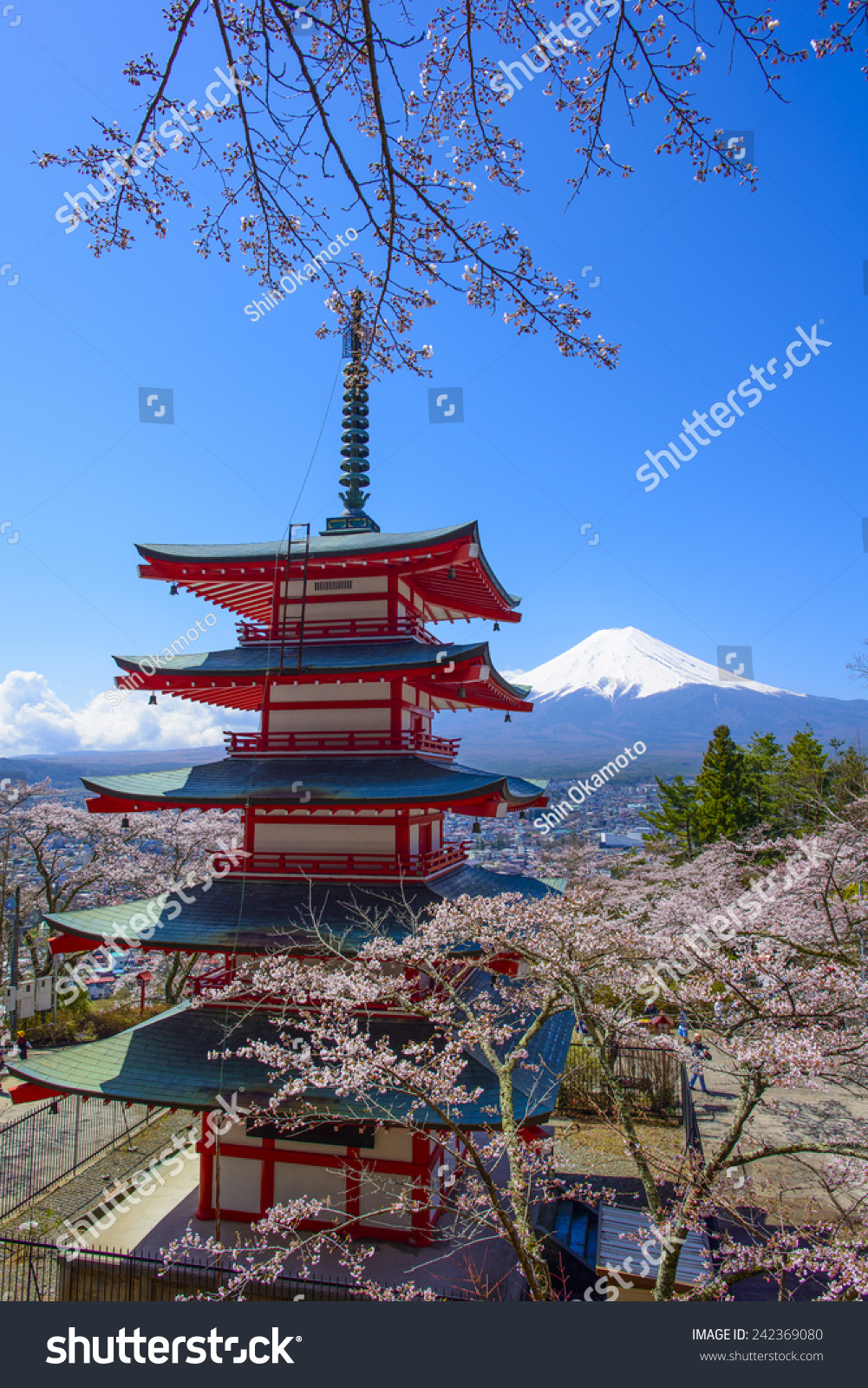 Chureito Pagoda With Sakura And Beautiful Mt Fuji View Stock