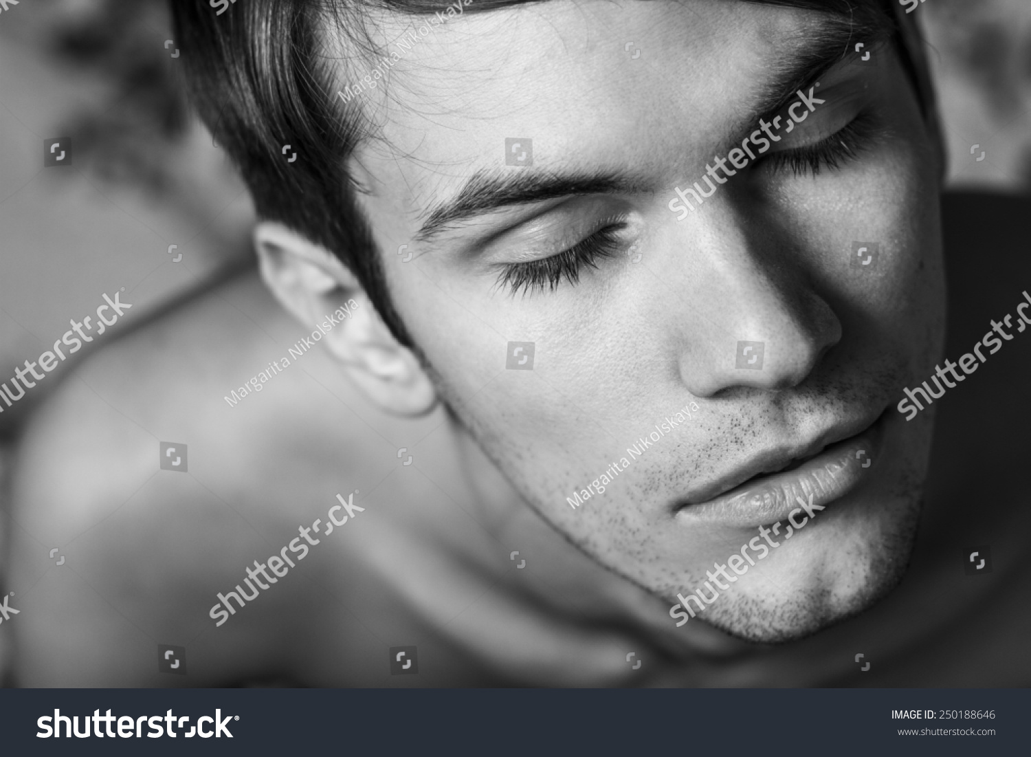 Close Up Of Male Part Of Face Eyes Closed Black And White Portrait