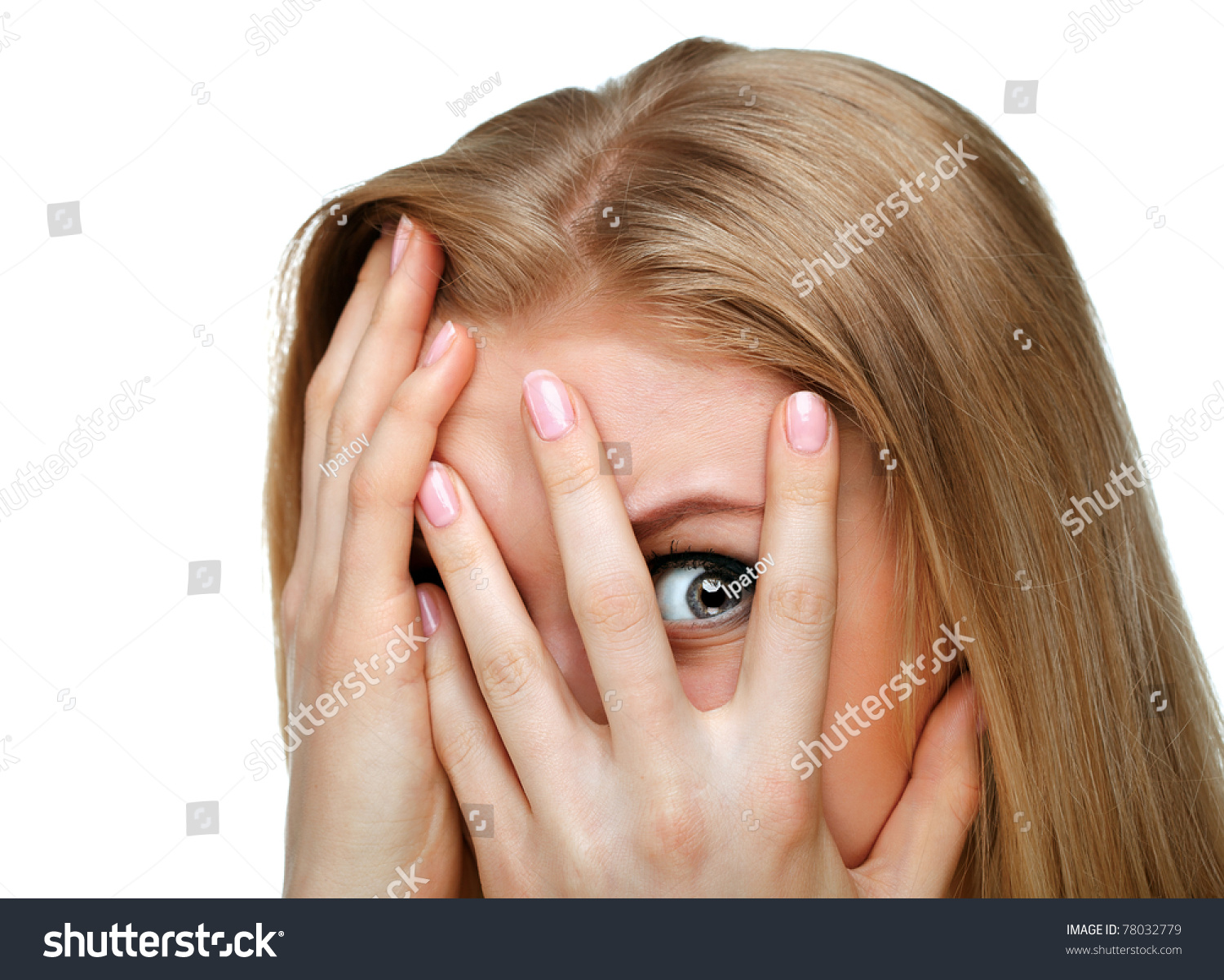 CloseUp Portrait Of The Scared Woman Isolated On White Stock