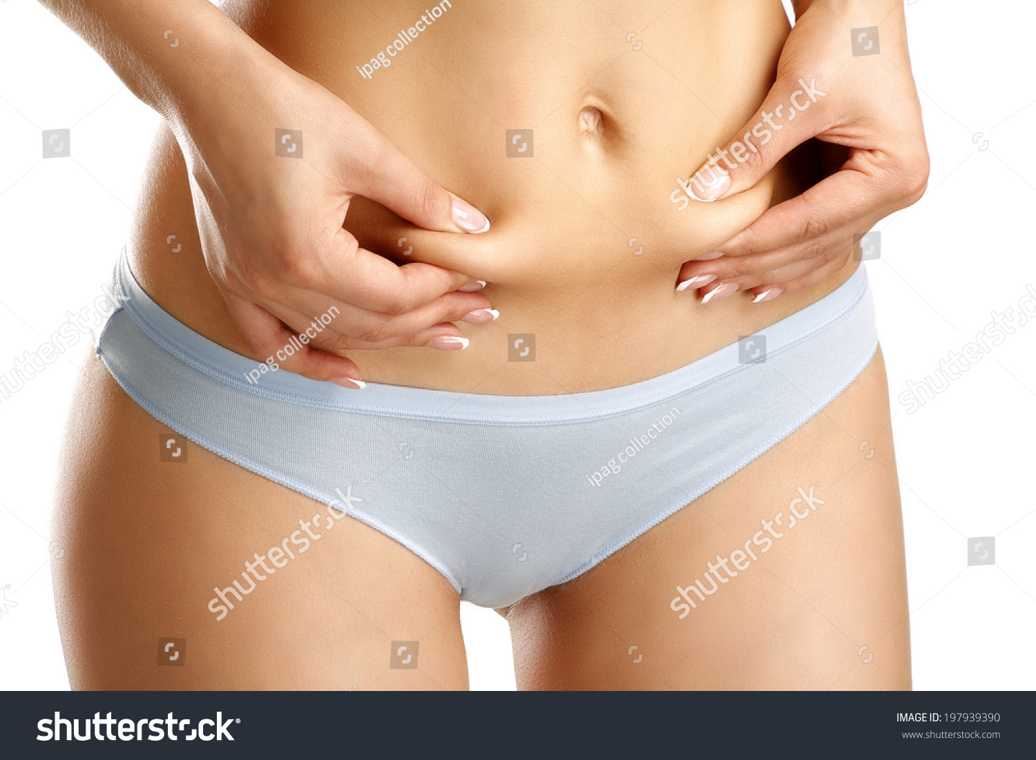 Closeup Girl In Unederwear Pich Her Belly On White Stock Photo