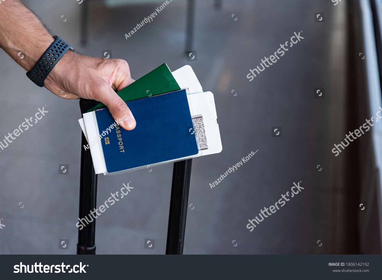 Closeup Man Holding Passports Boarding Pass Stock Photo