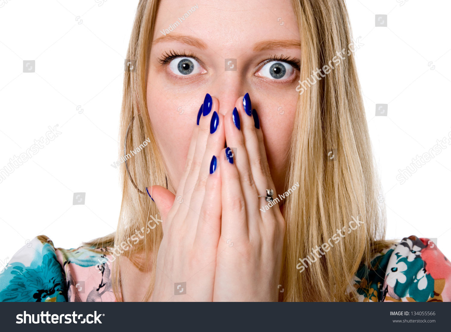 Closeup Of Surprised Young Woman Covering Mouth With Hand Isolated On White Background Stock 1739