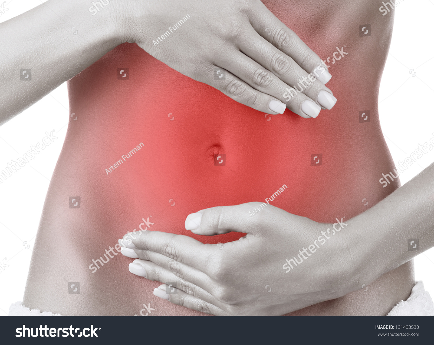 Closeup On WomanS Stomach In Pain Isolated O