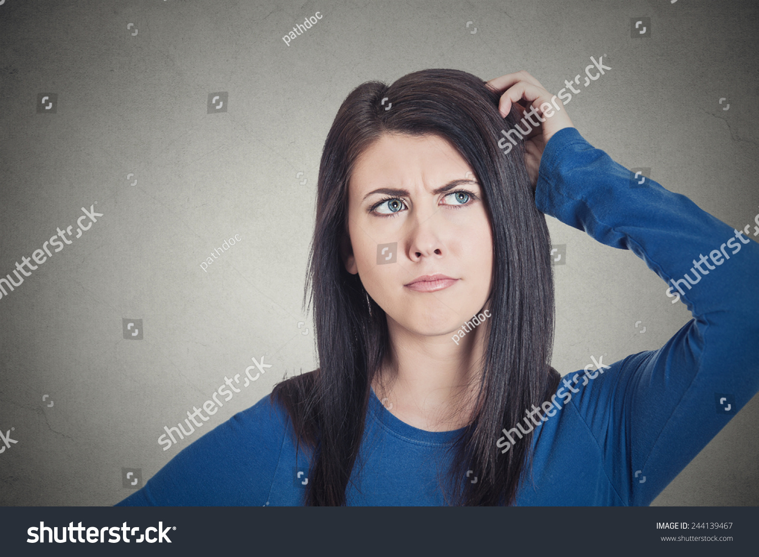 Closeup Portrait Headshot Young Woman Scratching Head, Thinking