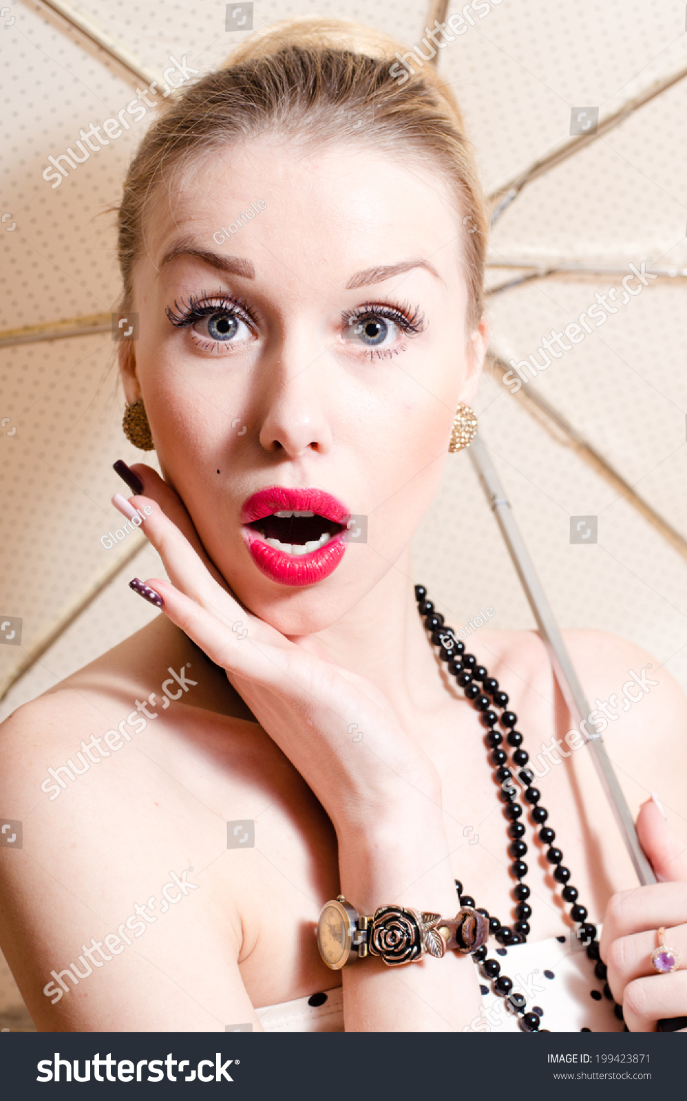 Closeup Portrait Image Of Beautiful Sexy Funny Blond Pinup Girl With Umbrella Looking Surprised 4859