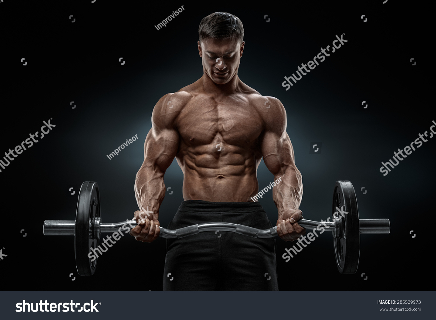 Closeup Portrait Of A Muscular Man Workout With Barbell At Gym Brutal Bodybuilder Athletic Man