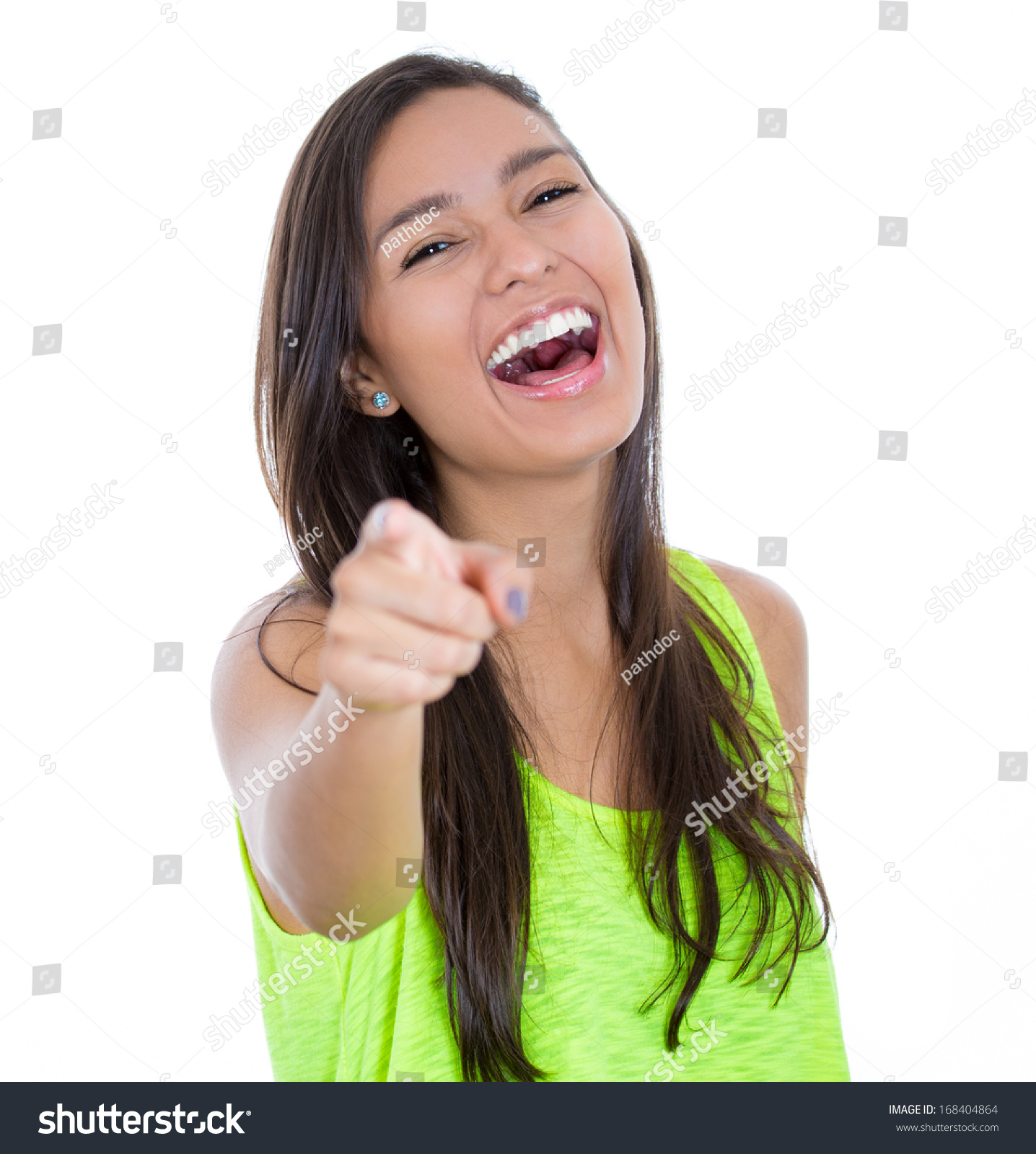 Closeup Portrait Of Young Beautiful Excited Happy Woman Smiling Laughing Pointing Finger 5807