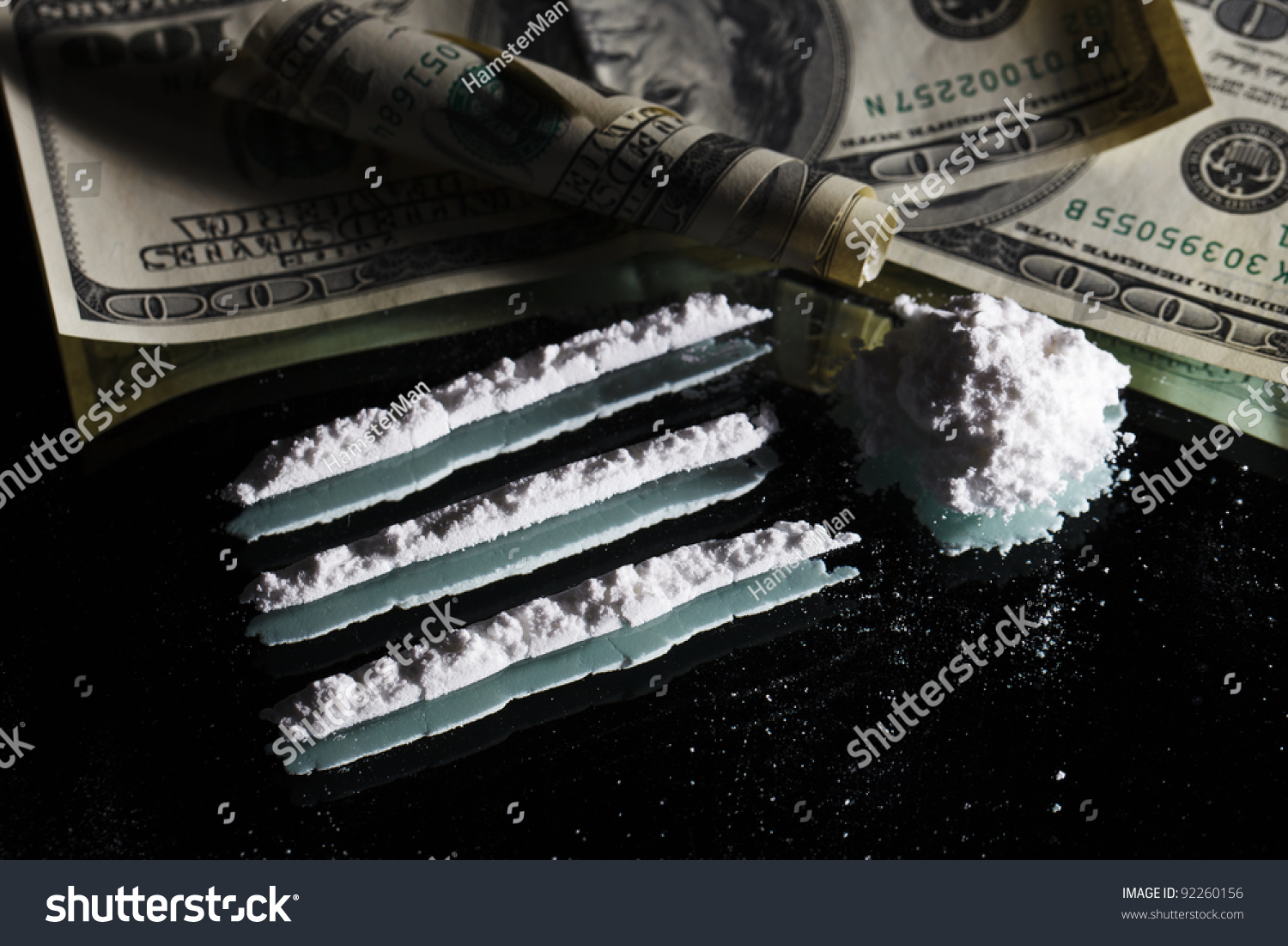 Cocaine Drugs Heap Still Life On A Mirror With Rolled 100 Dollar Bank