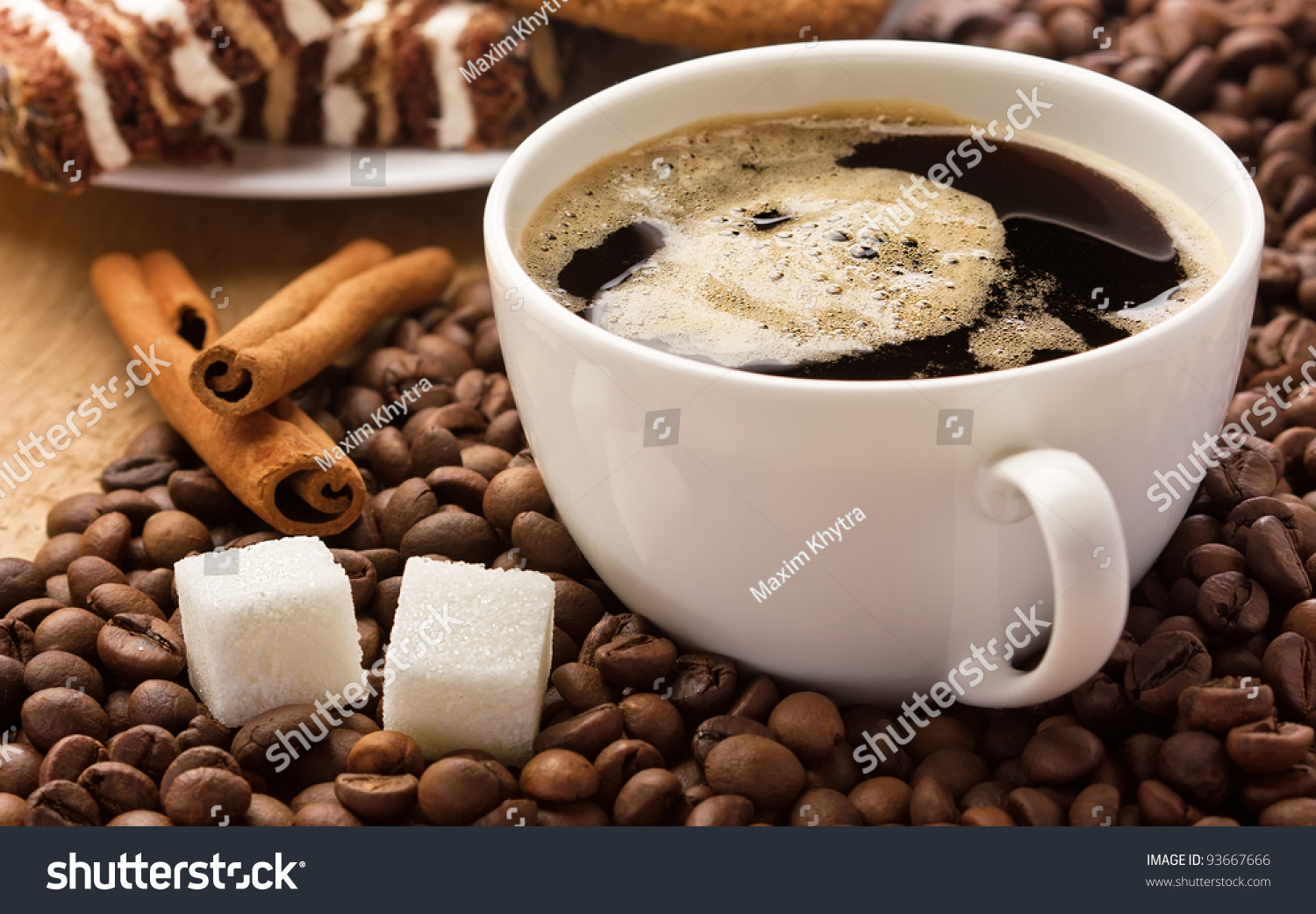 Coffee Cup And Beans With Sugar And Cinnamon Coffee Cup Cinnamon And Sugar Cubes On Coffee Beans