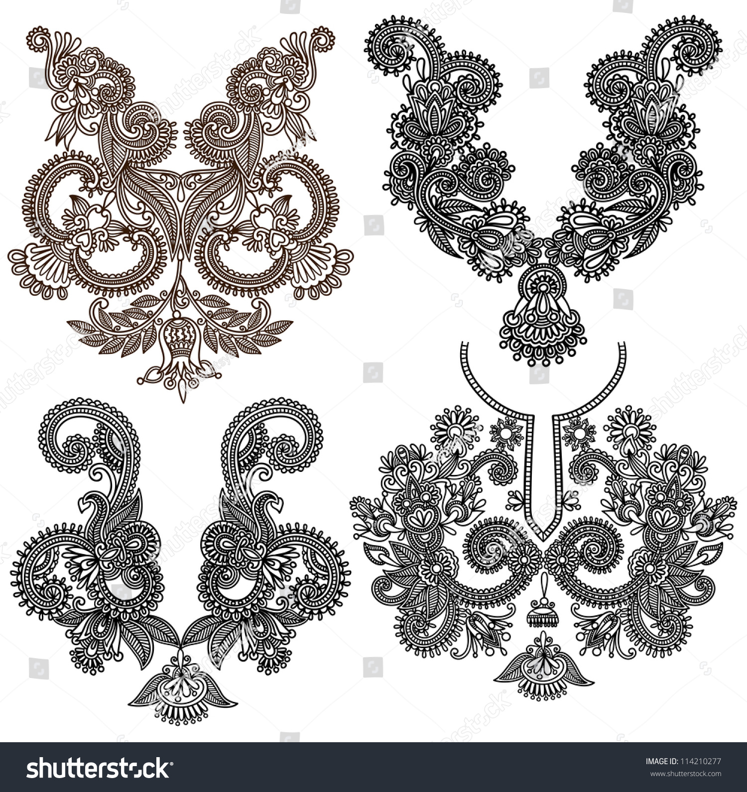 Collection Of Ornamental Floral Neckline Embroidery Fashion Raster