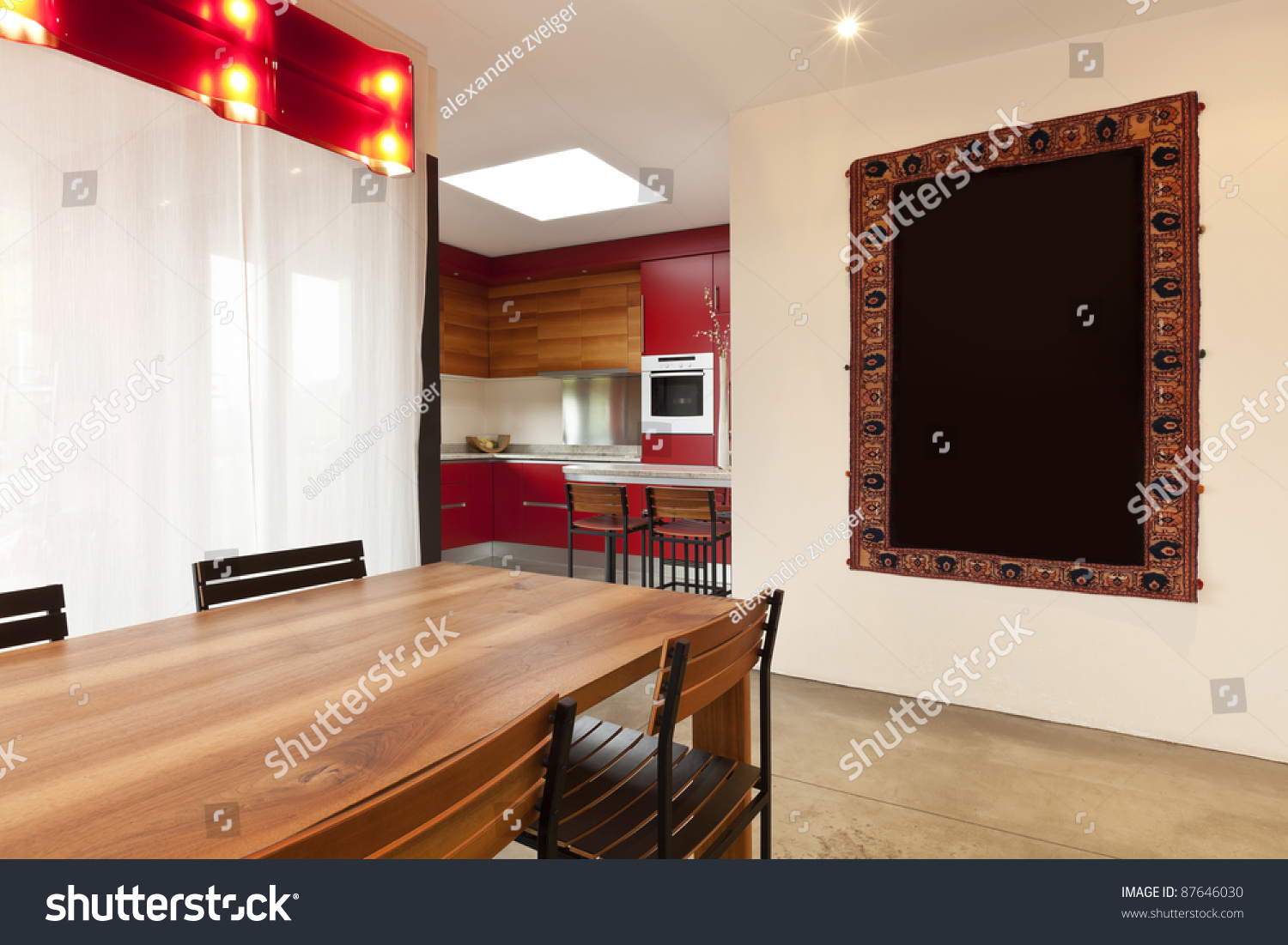 Comfortable Modern Apartment, Wooden Dining Table Stock Photo 87646030