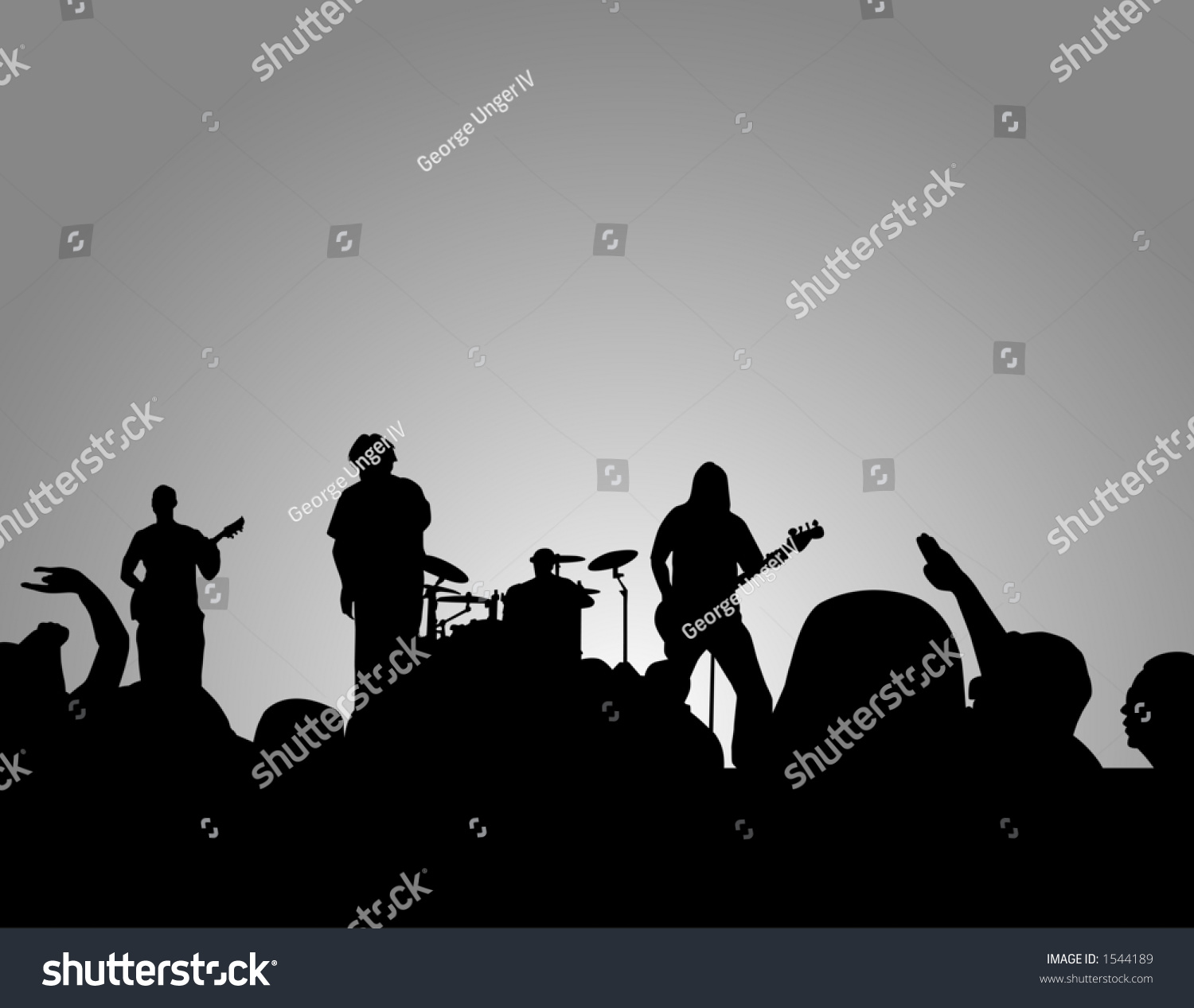 Concert Silhouette With Crowd Cheering And Rocking Out. Stock Photo 