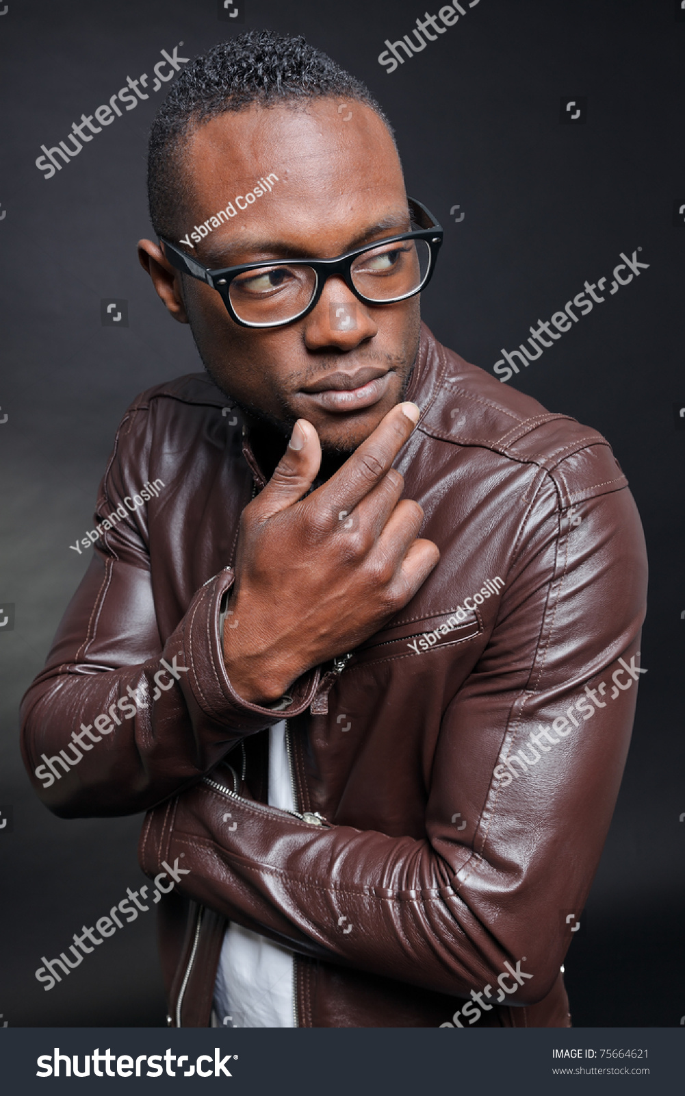 Confident Casual Young Black Man Wearing Brown Leather Jacket And ...