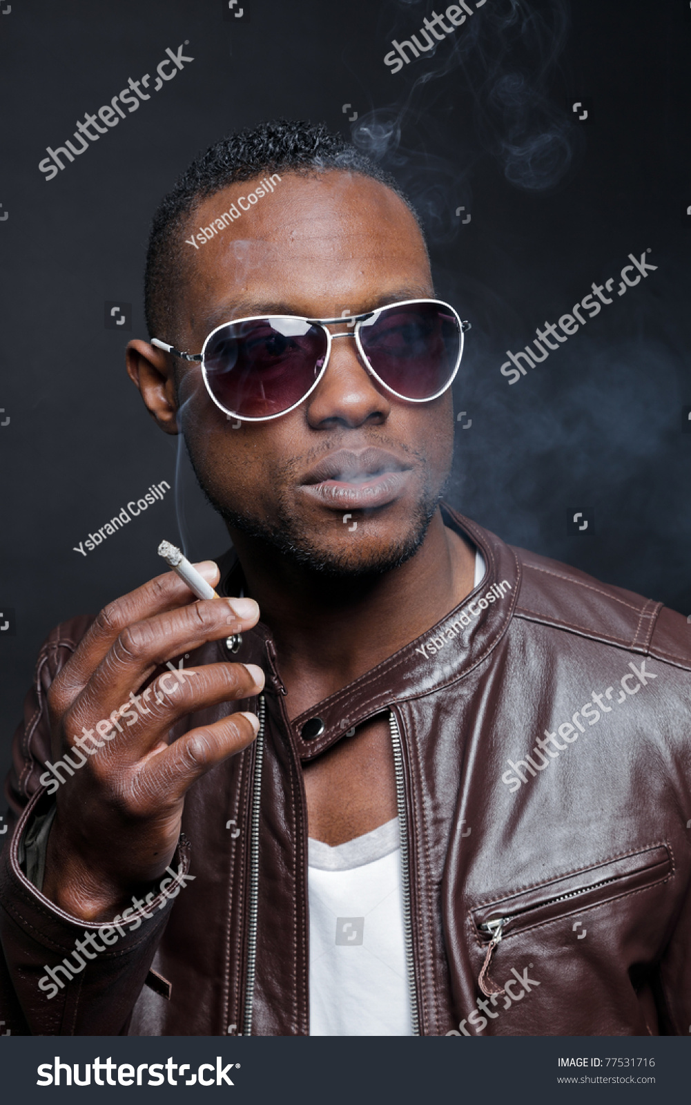 Confident Casual Young Black Man Wearing Brown Leather Jacket And ...